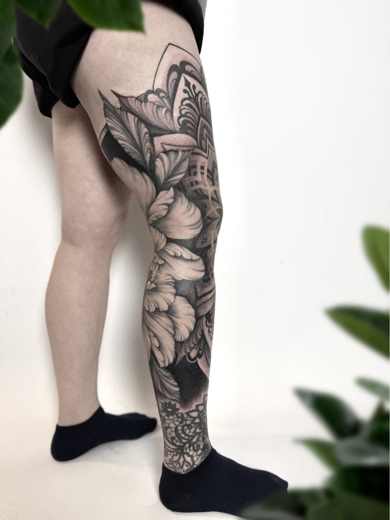 Mandala dot work blackout floral tattoo peony