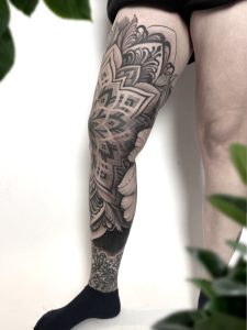 Mandala dot work blackout floral tattoo peony