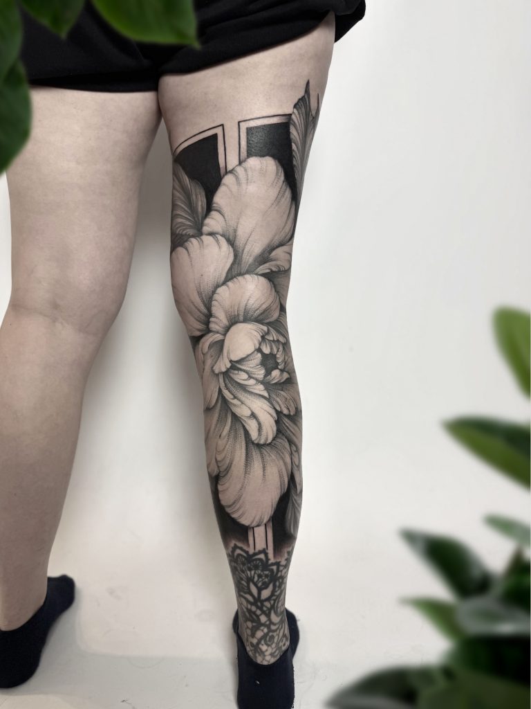 Mandala dot work blackout floral tattoo peony