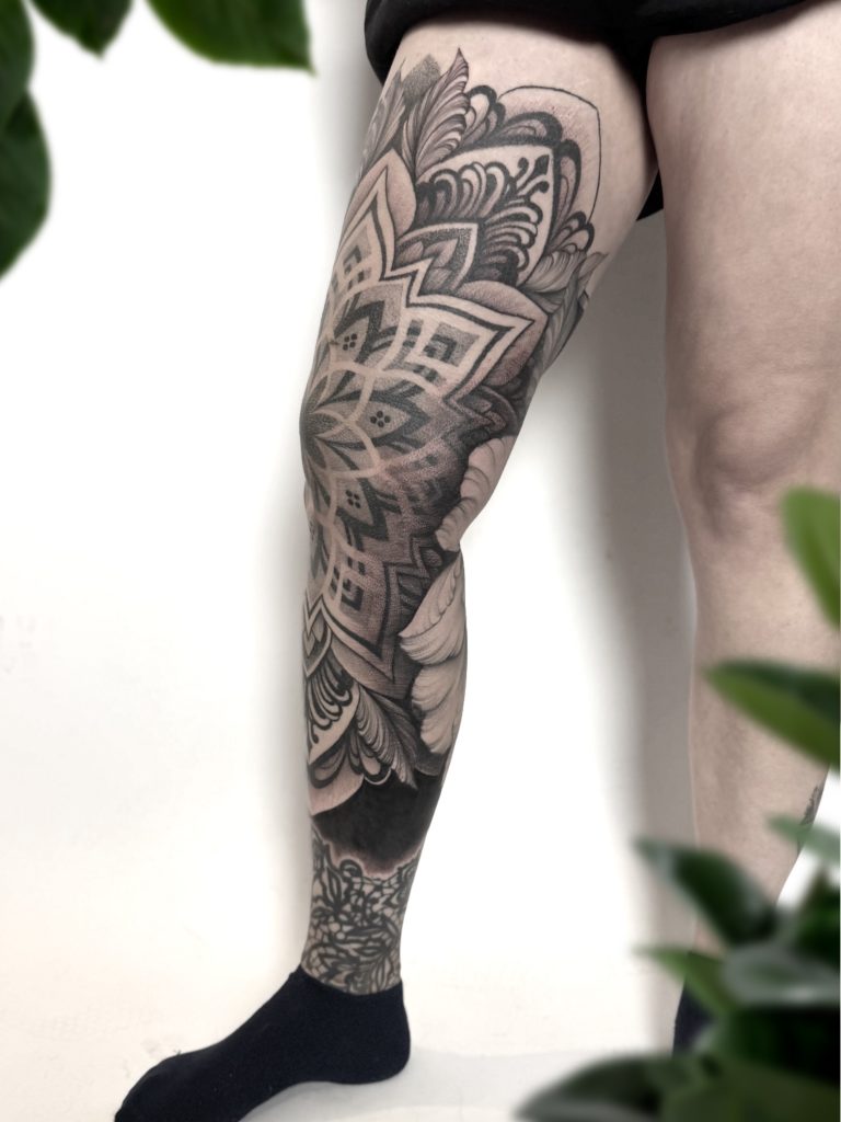 Mandala dot work blackout floral tattoo peony