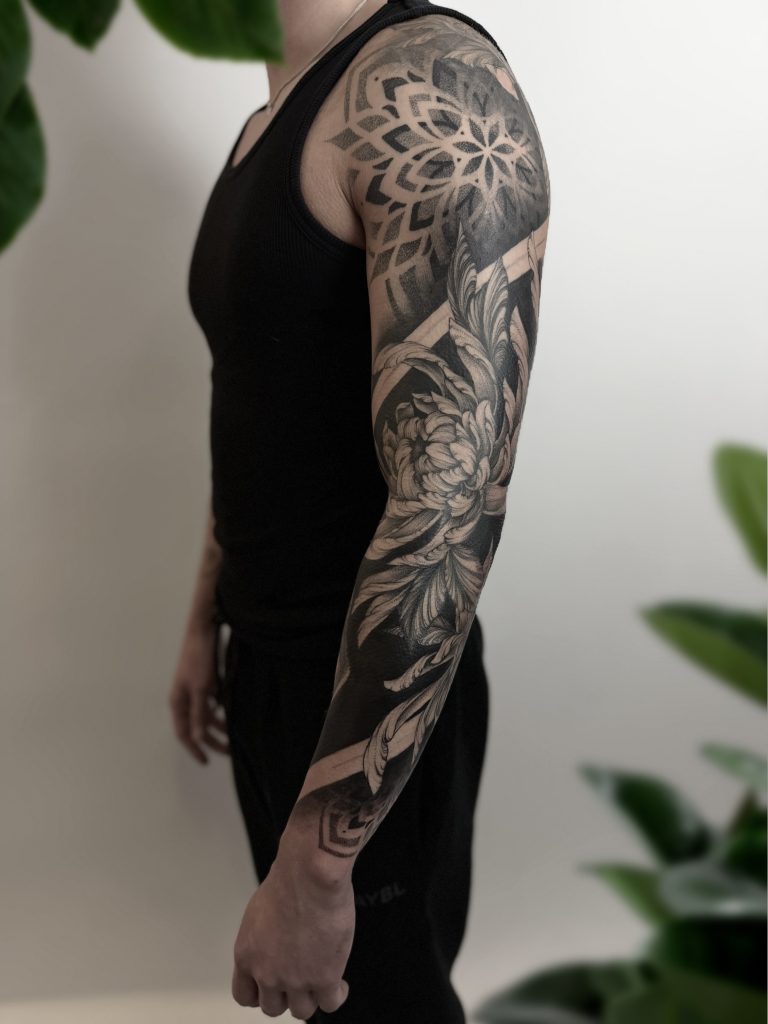 Blackwork dotwork mandala chrysanthemum sleeve